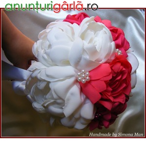 Imagine anunţ Buchet de mireasa cu bujori artificiali albi si roz, handmade